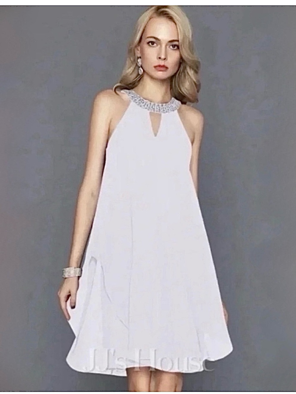 JJ HOUSE ~ Women’s white flowy dress silver jeweled accents at neckline size 12